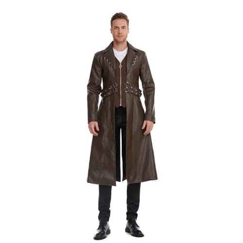 TZMAPU Mens Faux Leather Motorcycle Trench Coat Black Long Punk Jacket (Medium Khaki)