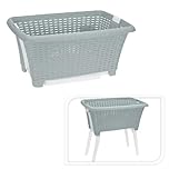 Plastic Rattan Laundry Basket with Folding Legs - Large Washing Basket for Clothes, Durable Woven Design, Easy to Carry & Store (Green)