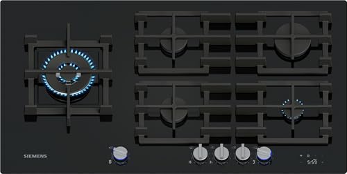 Siemens ER9A6SH40 iQ700 Plaque de cuisson à gaz, 90 cm, technologie stepFlame, cookConnect, hotte automatique intelligente, écran numérique, boutons métalliques...