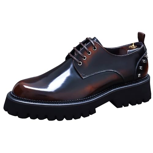 Mens Rivets Leather Shoes, Round-Toe Lace Up Derby Shoe, Fashion Heighten Work Shoe for Formal Wedding