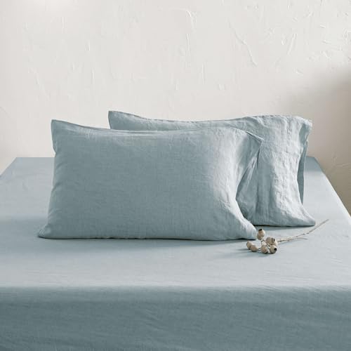Image of ATLINIA 100% Pure Flax Linen Bedding Set - Stone Washed French Linen Fabric Deep Pocket Fitted Sheet Farmhouse Flat Sheet 2 Pillowcases (Dusty Blue, Queen)