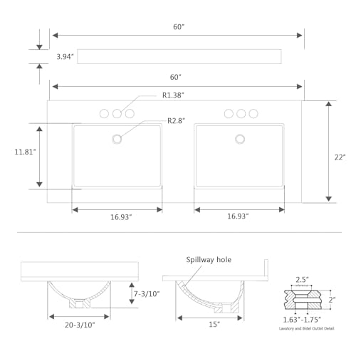 EQLOO 60 Inch Engineered Stone Bathroom Vanity Sink Top, with Undermount Rectangular Double Sinks, Vanity Countertop with 8 inch Faucet Hole Spacing and Backsplash in Lightning White