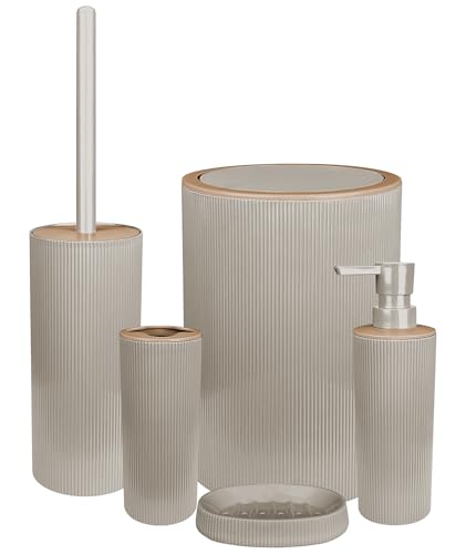 Set Completo Accessori Bagno 5 Pezzi Design Moderno In Plastica Incluso Cestino Pattumiera,Dispenser Sapone, PortaSaponetta, Porta Spazzolini, Portascopino Con Scopino Incluso - Beige