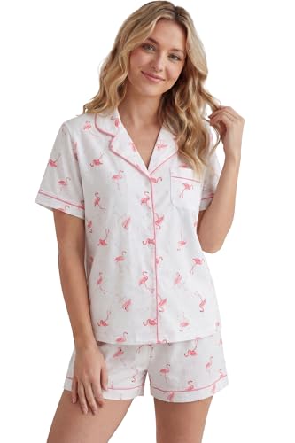 Image of LUBOT 100% Cotton Pajamas for Women 2 Piece PJ Set Button-Down Soft Knit Short Sleeve Summer Sleepwear Loungewear XS-XXL