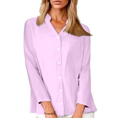 Womens 3/4 Sleeve Button Down Shirts Cotton Linen Roll Up 3/4 Sleeve Tops V Neck Casual Loose Fit Blouses3
