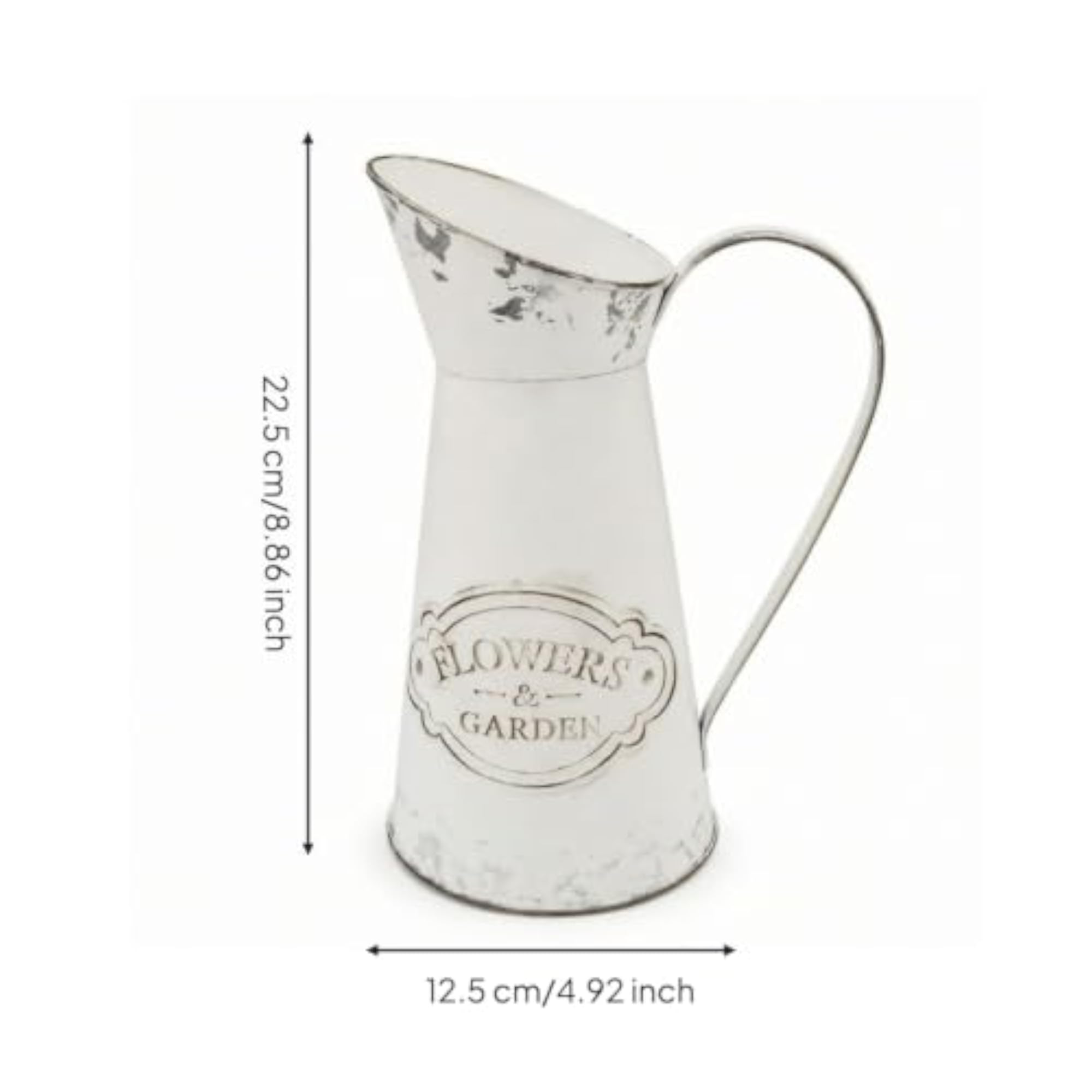 White Pitcher with Handle, Distressed Flower Vintage Jug