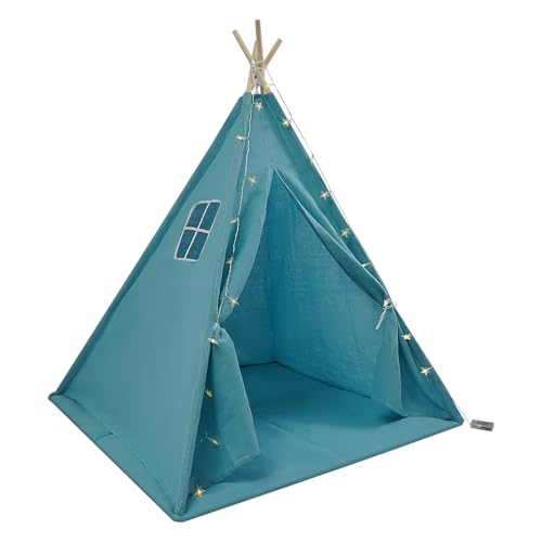 Tipi tienda de campaña para niños, con alfombra y cadena de luces, tienda de juegos plegable de algodón, para interior y exterior, 120 x 120 x 140 cm (azul)