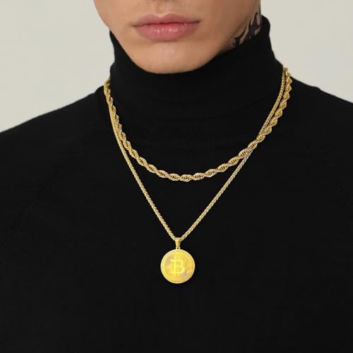 U7 Bitcoin Chain for Men, Stainless Steel 18K Gold Plated