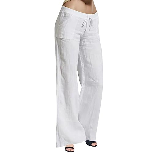 Cintura Mujeres Sólido Elástico Casual Largo Cadena Ancho Algodón Pantalones Lino Mujer Bikini Pantalones Negro, Blanco, XL