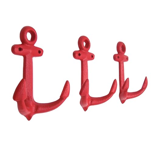 Wowser Nautical Cast Iron Ship Anchor Wall Hooks, 6 Inches, Set of 3 (Red) by Wowser - Used condition - US$14.99