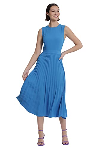 Donna Morgan Women's Sleeveless Stretch Light Bubble Crepe Pleated Skirt Midi Dress, Brilliant Blue #TOP3