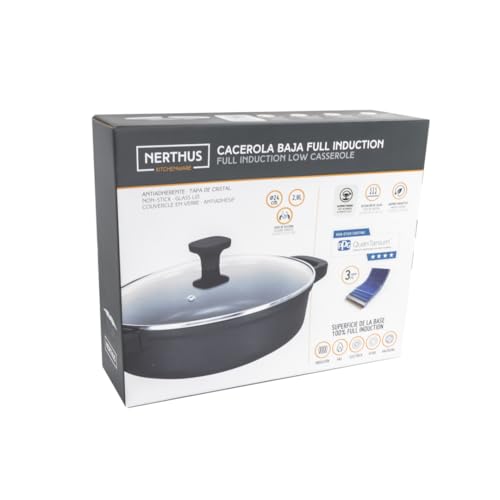 Miniatura 2 de Nerthus Fih 1557 Cacerola Baja De Aluminio Fundido Con Revestimiento Antiadherente Quantanium Apta Para Inducción, Gas Y Vitrocerámica Tapa De Cristal Con Válvula Y Asas De Silicona Desmontables