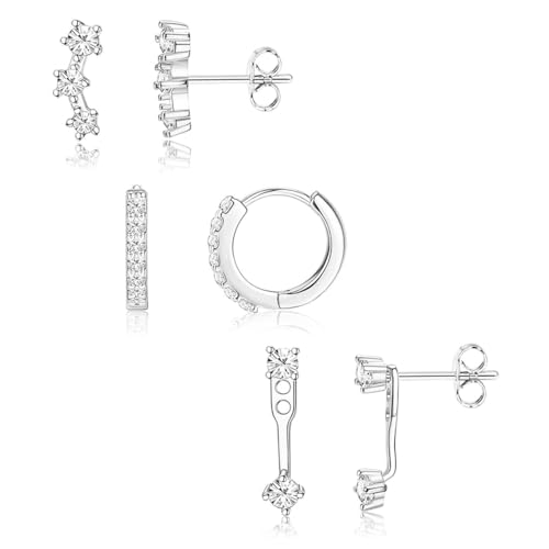 SANNIDHI 3 Pairs Earrings Set for Women Silver Stainless Steel Crystal Stud | Stud Profile for Upper Ear Styling, Sparkly Rhinestone Detail, Easy Layering, Cartilage Earring Combo for Multiple Piercing