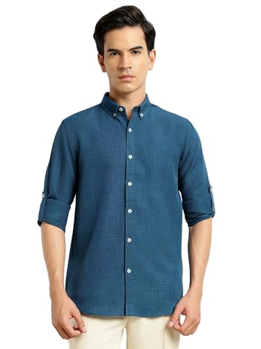Image of Thomas Scott Men's | Solid | Textured Fabric | Full Sleeve | Slim Fit | Polyester-Blend | Spread Collar | Casual Shirt