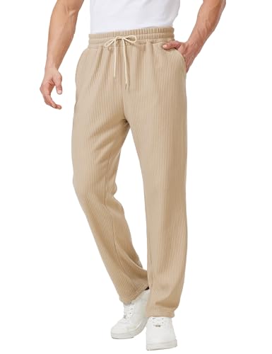 Men's Casual Pants Lightweight Stretch Loose Fit Ribbed Jacquard Knit Textured Drawstring Pants with Pockets
