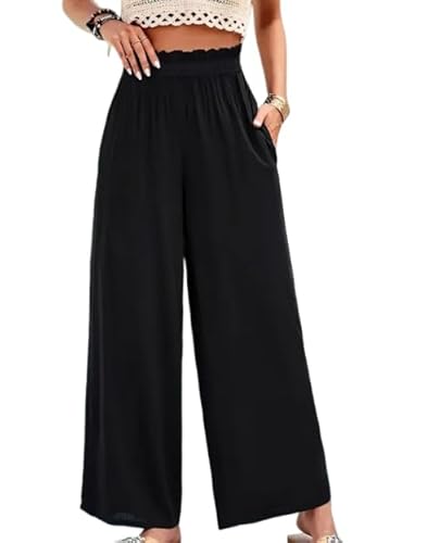 Women's High Waist Wide Leg Pants Casual Smocked Waist Palazzo Trousers with Pockets for Summer Beach (�u���b�N,XL) [���s�A���i]