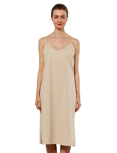 Image of Women Dress Slips for Under Dresses 100% Cotton Full Slip with Adjustable Spaghetti Strap V Neck