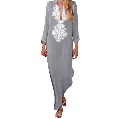 ZODOF Mujer vestido largo Bohemian estilo ropa de playa Otoño Mujer estampado largo decuello en V y manga larga con dobladillo dividido largo holgado cintura alta bohemio vestidos largos Maxi Vestidos