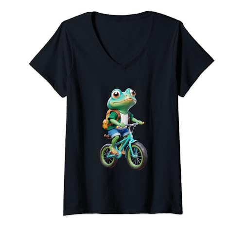 Womens Frog Rides A Bike Cool Bicycle Frog V-Neck T-Shirt