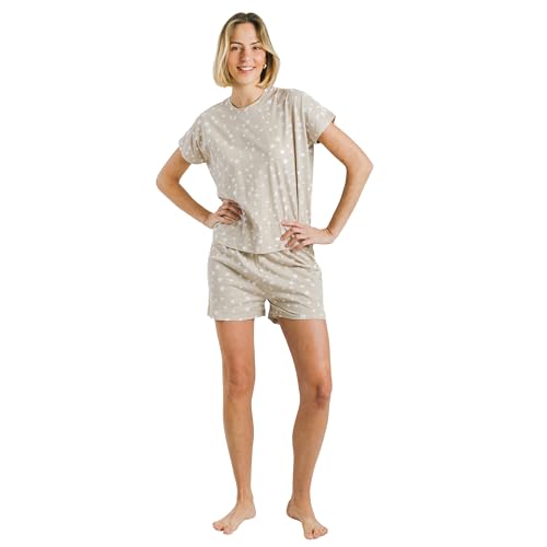 TRAMAS+ Pijama Mujer Verano 100% Algodón Camiseta Manga Fluida y Pantalón Corto, Pijamas de Entretiempo Corto para Primavera y Verano - M, Estrellita