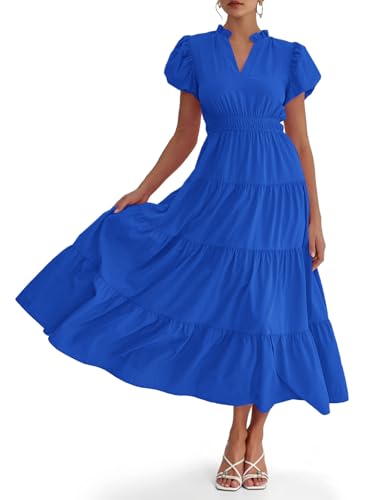 Image of Wenrine Womens Summer Midi Dress A-Line Puff Short Sleeve V Neck Dresses