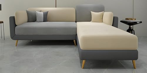 Image of Stylish & Luxury Cushioned Couch Relax sectional Sofa in Fabric & Velvet and Heavy Duty Sofa Ideal for bedrooms, Living Rooms, Guest Rooms and Office-(LHP 4 Seater Grey & Beige).