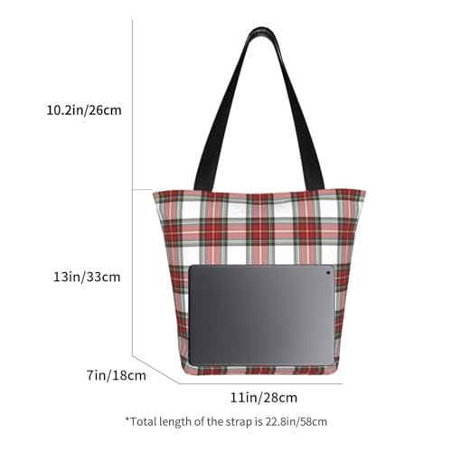 Christmas Plaid Red Tartan Check Reusable Zippered Shoulder Bag, Stylish Polyester Tote With Wide Handle & Inner Pocket, Lightweight Durable Shopping & Travel Bag2