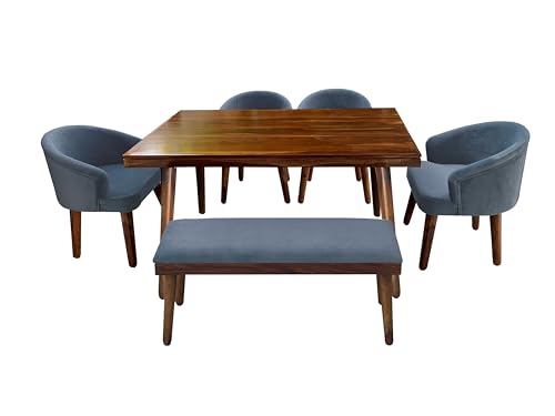 Image of DaneWood Wooden Dining Table 6 Seater | Six Seater Dinning Table with Upholstered 4 Dining Chairs & 1 Bench for Home | Dining Room Sets for Restaurants | Sheesham Wood | Honey Finish & Grey
