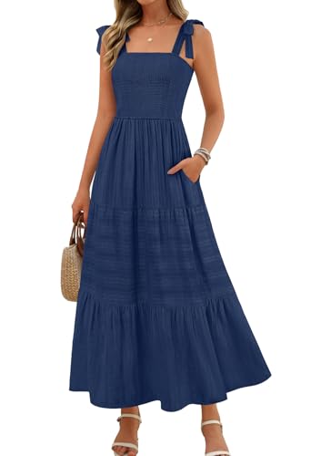 MEROKEETY Women's Summer Boho Maxi Dress Beach Vacation Casual Smocked A Line Sundress with Pockets
