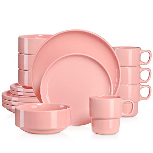 LOVECASA Juego de Vajillas Redondos de 16 Piezas, Vajilla de Porcelana, Cada Una con 4 Cuencos, 4 Tazas, 4 Platos de Postre y 4 Platos de Cena, Rosa