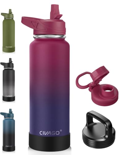Image of CIVAGO 40 oz Insulated Stainless Steel Water Bottle With Straw and 3 Lids