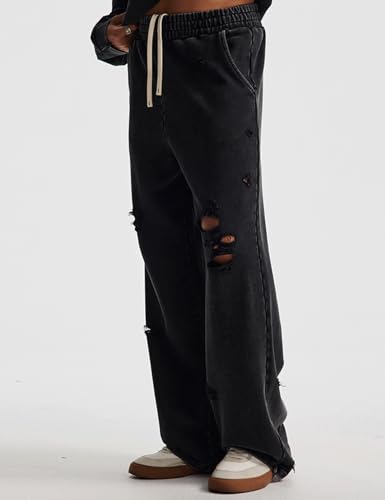 Gihuo Mens Acid Wash Sweatpants Distressed Washed Pants Drawstring Elastic Waist Wide Leg Ripped Pants4
