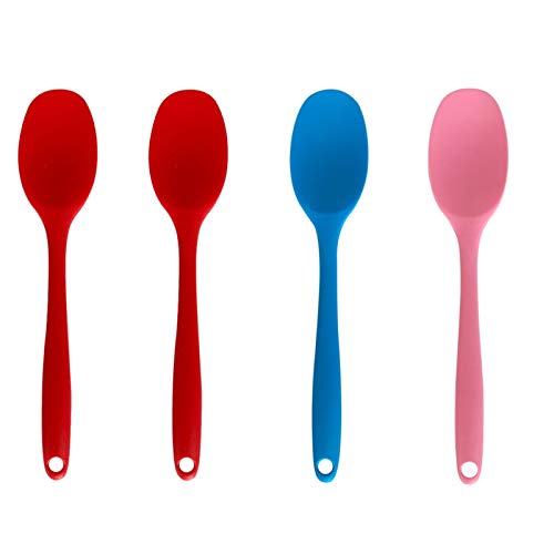 4 Pieces Silicone Mixing Spoon Non-Stick Serving Spoon One Piece Design Silicone Spoon Used for Mixing, Baking, Serving and Stirring (Red, Blue, Pink)