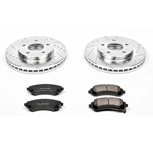 Image of PowerStop Front Brake Kit for Buick Rendezvous 2002-07 | Pontiac Aztek 2001-05 - Drilled and Slotted Disc Rotors with Carbon-Fiber Ceramic Brake Pads Replacement, K5233