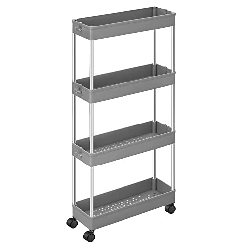 SONGMICS 4-Tier Storage Trolley on Wheels, Plastic Storage Unit, Space-Saving Shelving Organiser for Small Spaces, Bathroom Kitchen, 40 x 12.5 x 88 cm, Grey KSC008G01