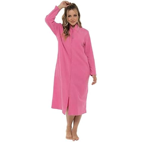 Ladies Zip Up Soft Fleece Dressing Gown, Zipped Robe with Satin Trim UK 10-28 Rose, Purple, Blue & Pink (Pink, S (10-12)) Cover