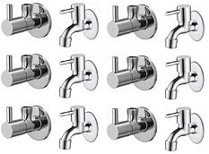 Spazio Stainless Steel Turbo Angle Valve With Bib Cock Combo Pack Foam Flow Water Taps With Wall Flange (Pack of 6) (Chrome Plated, Brass Disc)