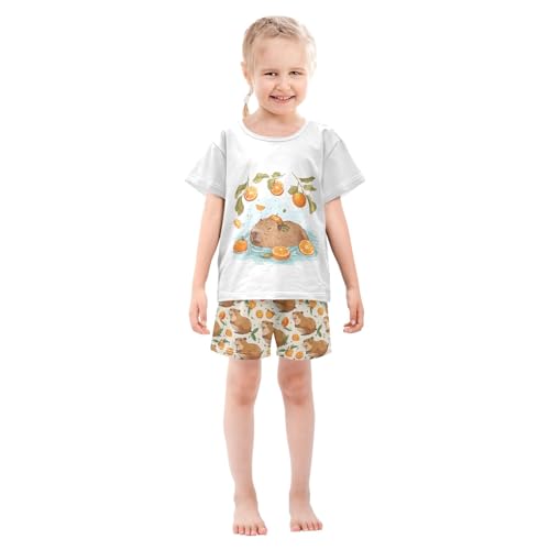 senya Cute Capybara Swimming Summer Pajamas Set Orange Short Cotton Sleepwear 2 Piece3