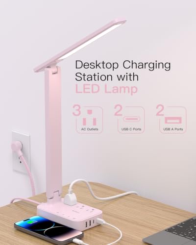 Image of Addtam LED Desk Lamp, Power Strip with 3 Outlets 4 USB Charging Ports(2 USBC), 4 Modes 5 Level Brightness Touch Lamp, Small Desk Lamp for Home Office College Dorm Room Essentials, Pink