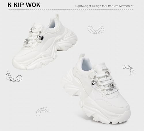 Image of K KIP WOK Chunky Sneakers for Women Fashion Platform White Leather Casual Dad Shoes Comfortable Wedge Walking Sport Sneakers