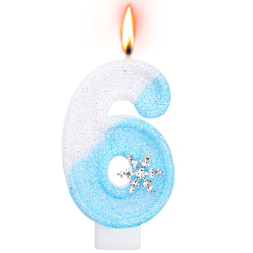 Alaoo Candele di Compleanno, Candele per Torta di 6° Compleanno, con Fiocchi di Neve Candele Decorazione di Topper Torta, Candele per Torte, Decorazioni per Feste, Adatto a Ragazzi e Ragazze(Blu-6)