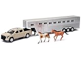 Pro Pickup Truck Beige with Horse Trailer Chrome and Horse Figures Long Haul Truckers Series 1/32 Diecast Model by New Ray SS-19533