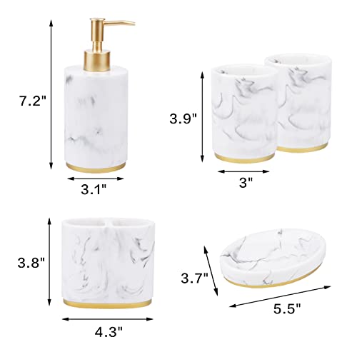 5-Piece Bathroom Counter Top Accessory Set - Dispenser For Liquid Soap Or Lotion, Soap Dish, Toothbrush Holder And 2 Tumblers, Gold Base, Marble Pattern Resin (White) #TOP2