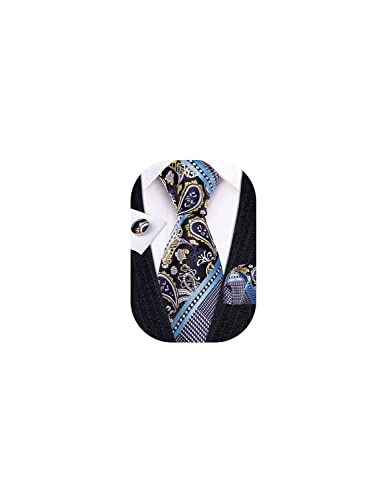 Barry.wang Mens Blue Tie Silk Paisley Black Wedding Formal Business Striped Necktie Handkerchief Cufflinks Set #TOP2