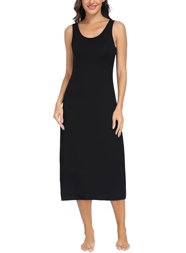 Lovasy Fond de Robe Longue Lingerie Femme en Modal sous Robe Élégant Col Rond avec Bretelles Larges Sexy Slip Chemise de Nuit Antistatique Gainant,A-Noir,L