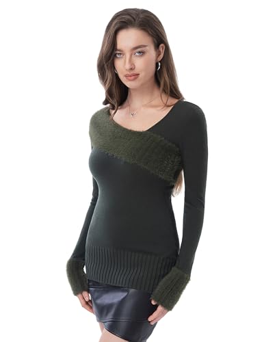 AmélieBoutik Women Asymmetric Neckline Faux Fur Trim Long Sleeve Fashion Casual Tunic Sweater Tops