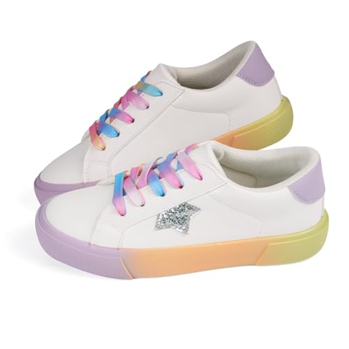 JUDIS Kids Glitter Fashion Sneakers Girls White PU Low Top Lace Up Casual Shoes