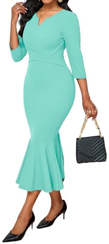 Image of Elegant Dress for Women Sexy V Neck Long Sleeve Bodycon Midi Fishtail Dresses