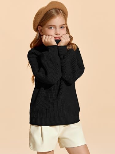 Image of rrhss Girls Mock Neck Loose Knit Sweaters Kids Long Sleeve Slouchy Warm Cute Fashion Pullover Tops 5-14 Years Black