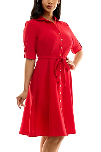 Image of Sharagano Women's Pleated Shirt Dress - 3 /4 Sleeve, V-Neck, Gold Buttons